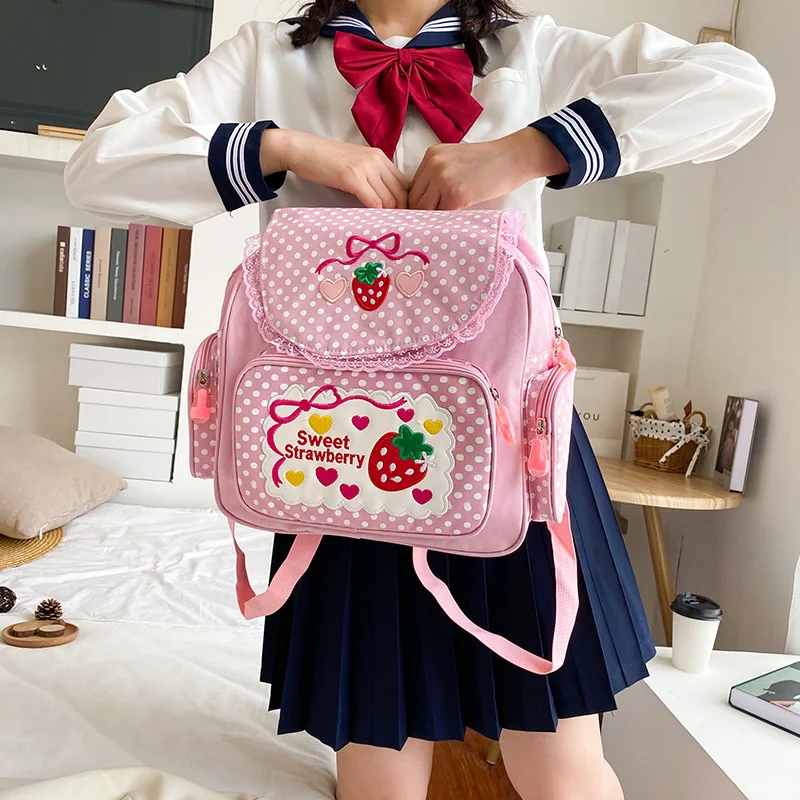 Kawaii Kids School Bag Cute Strawberry Embroidery Dots Student Mochila Multi-Pocket Nylon Fashion Backpack for Teenager Girl