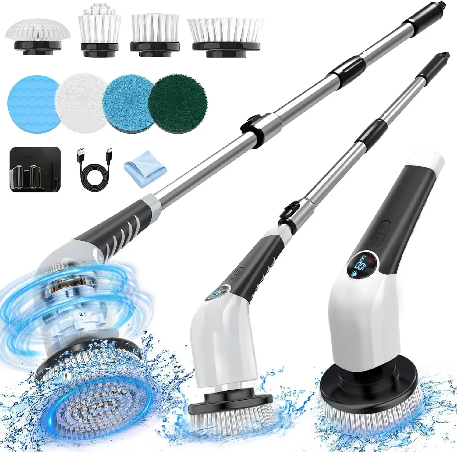 Cordless Cleaning Brush with 8 Replaceable Brush Heads, 3 Adjustable Speeds and Adjustable Extension Handle