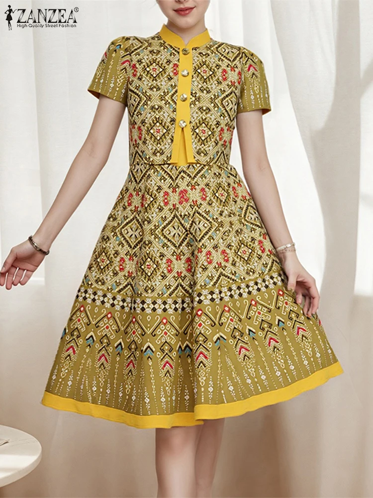 ZANZEA Vintage Geometrische Drucken A-Line Kleid Frauen Gefälschte Zwei-Stück Stehkragen Kurzarm Knie-Länge Roben Urlaub vestidos