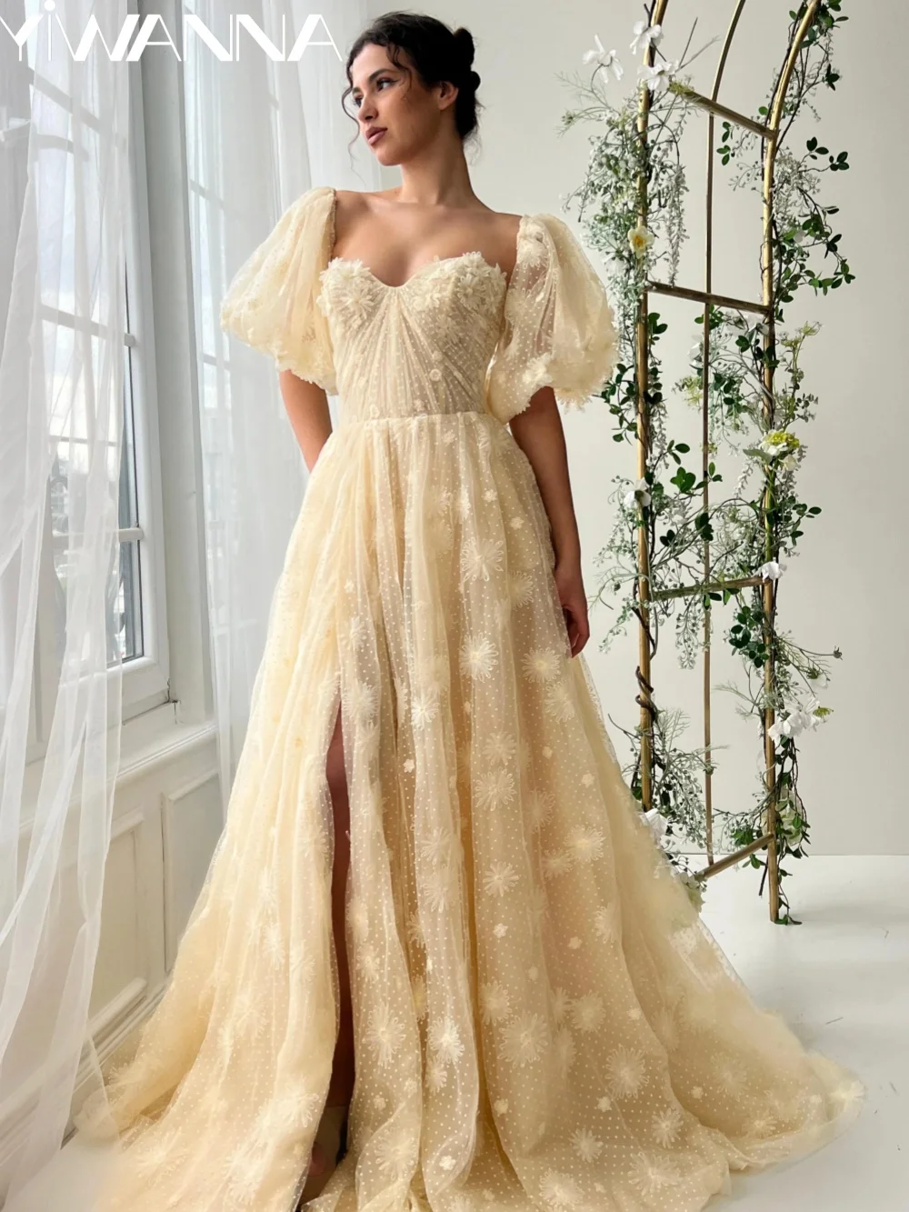 Nieuwe handgemaakte 3D bloemen avondjurk afneembare mouw A-lijn lange bruiloft jurk op maat gemaakte lieverd halsjurken voor vrouwen