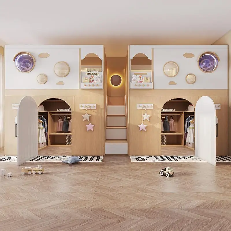The space capsule has bunk beds on and off, and goes to the closet and cloakroom.