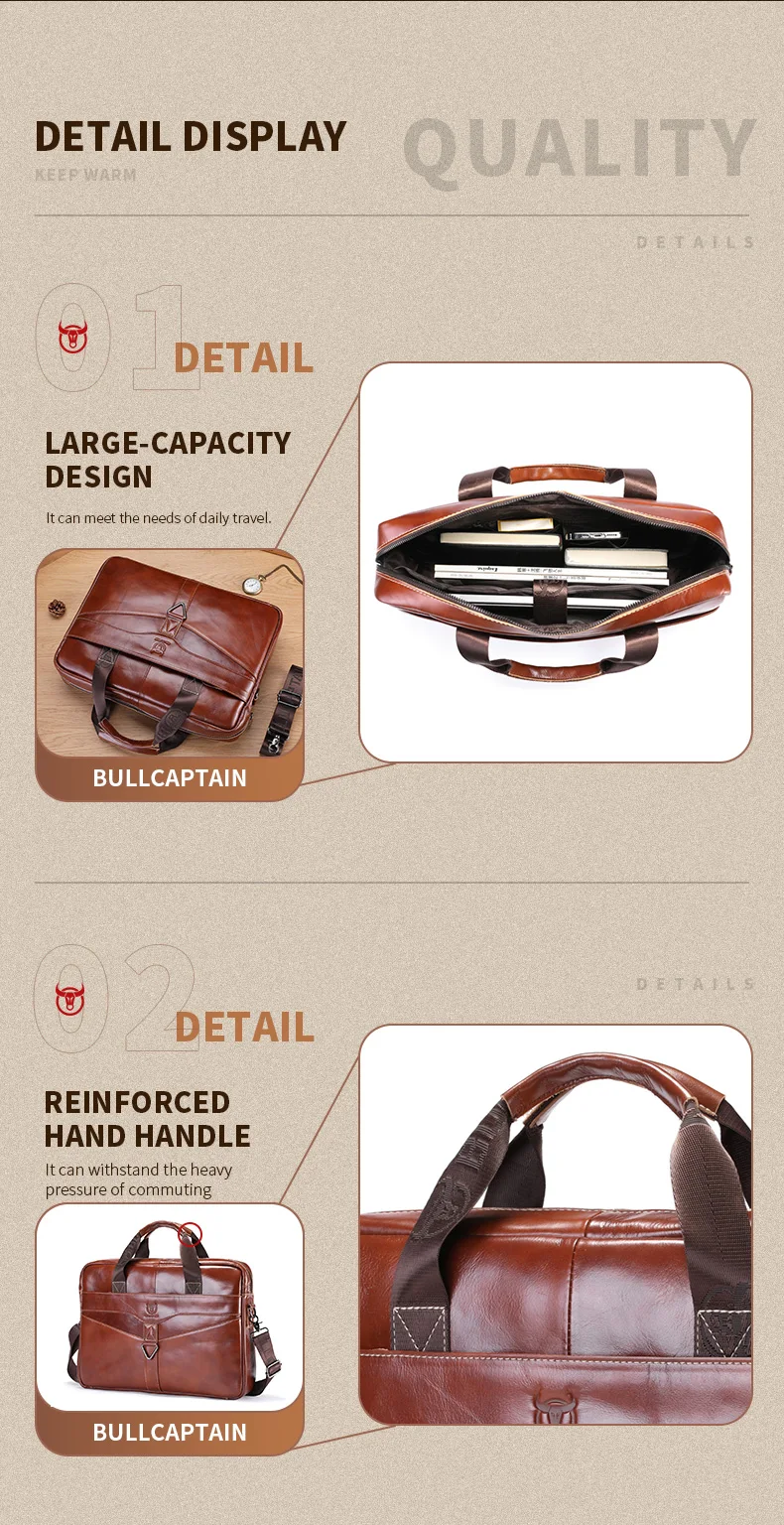 BULLCAPTAIN Men's Genuine Leather Briefcase Shoulder Bag 15 Inch Laptop Case Men's Briefcase Classic Office Business Handbag