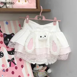 Sweet Kawaii Lolita Cake Skirt Women Harajuku Y2k Cartoon Plush Rabbit Ears Mini Skirts Japanese Cute Lace Ruffles Short Skirt