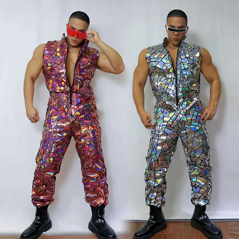 

Male Laser Mirror Jumpsuit Adult Street Dance Costume Nightclub Bar Hip Hop Dancer Clothes Muscle Man Dancing Outfit