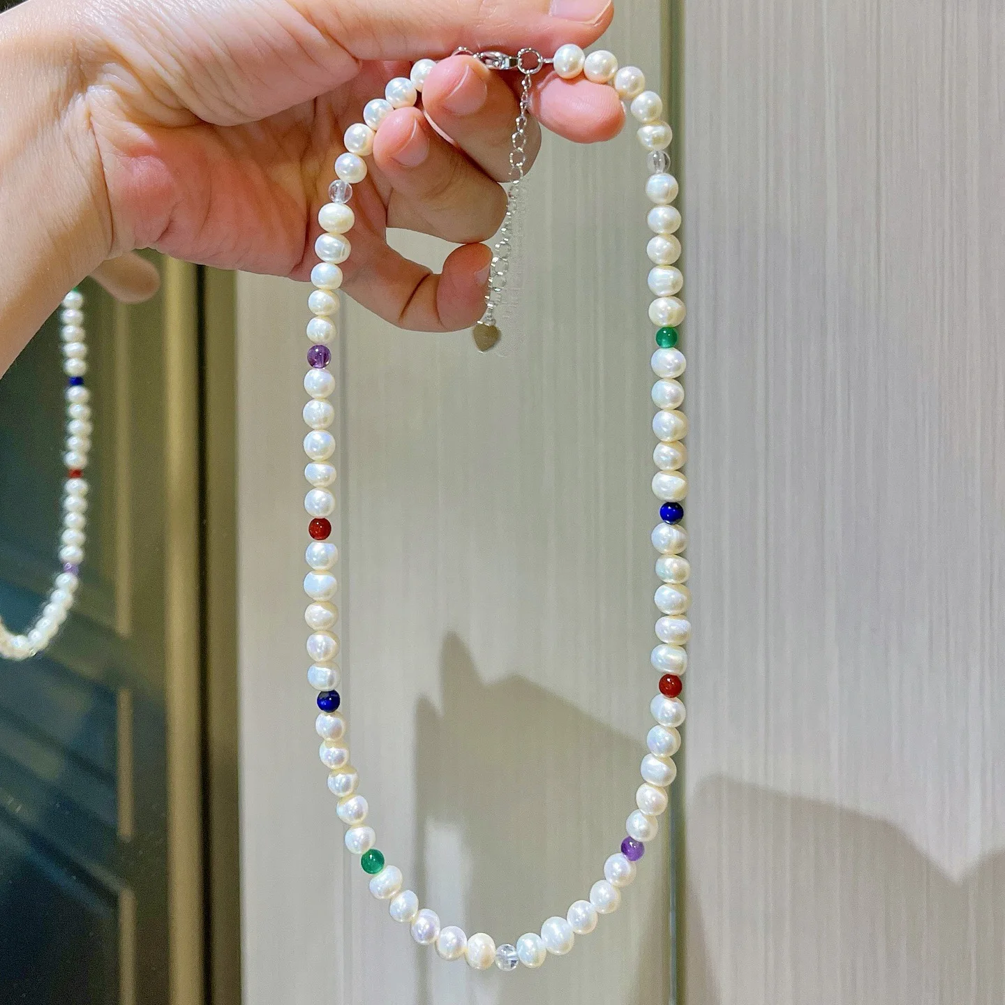 

5-6mm Natural Freshwater Pearl & Multi-Gem Necklace, Amethyst Lapis Lazuli Colorful Beaded Collarbone Chain, Luxury Jewelry