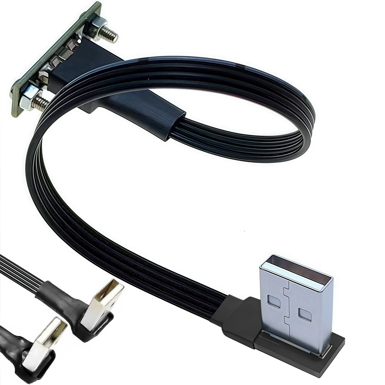 USB 2.0 extension cable, inserted upwards and downwards at an angle of about 90 degrees, with a 25 centimeter mounting hole on t
