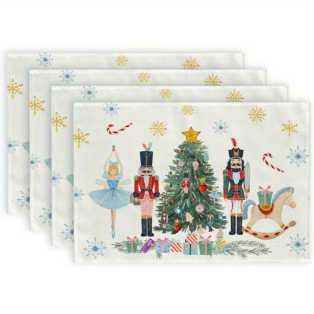 Christmas Placemat Polyester Table Mats, Nutcracker and Xmas Tree DesignRectangle Holiday Decor for Home and Party
