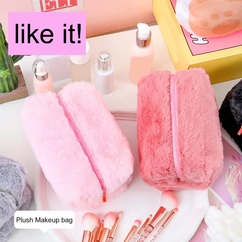 Cute Fur Cosmetic Bag Large Capacity Portable Soft Fuzzy Plush Solid Color Travel Washing Toiletry Makeup Case Plush Pen Pouch