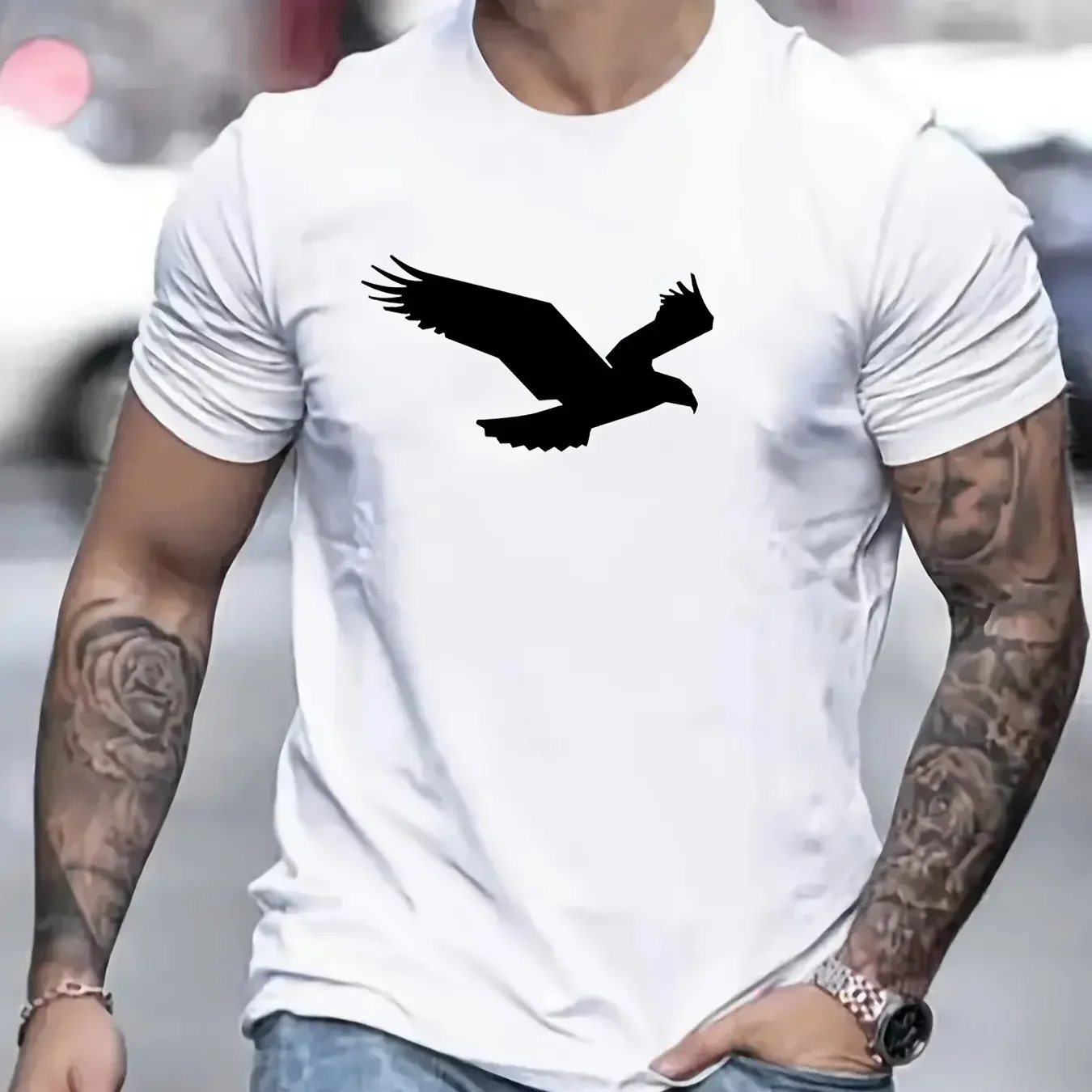 

Men's Summer Loose Size 100% Cotton Eagle Pattern Printed Round Neck Short Sleeve Breathable Casual Fashion T-Shirt T-shirt Top