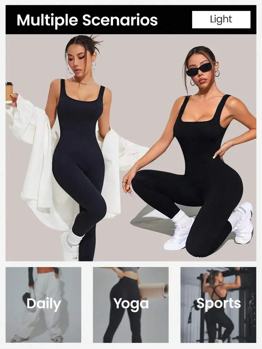 

Women Shapewear Bodysuit Tummy Control Square Neck Seamless Ribbed One Piece Jumpsuit Sleeveless