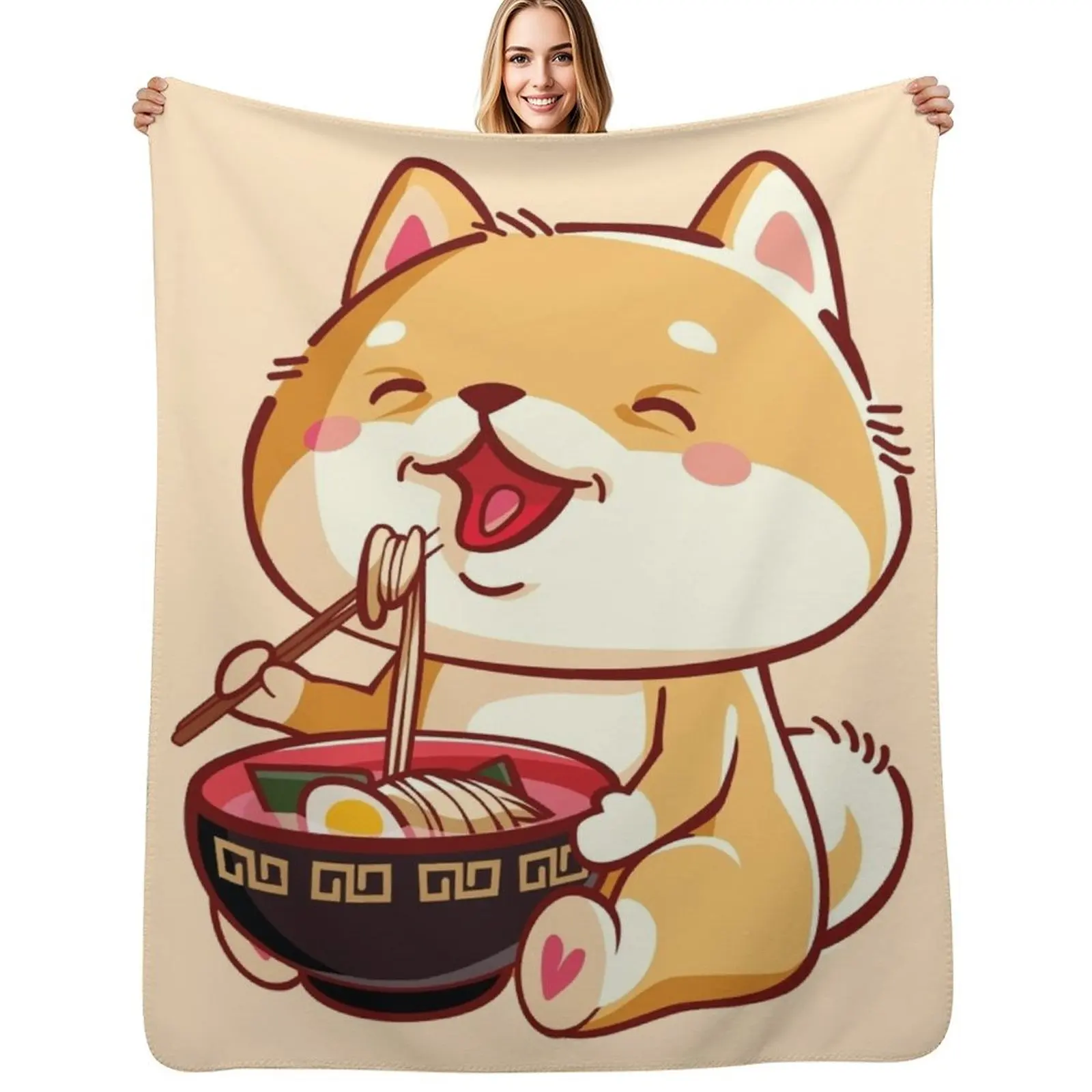 

Cute shiba inu eating ramen, kawaii Throw Blanket Flannel Fabric Luxury Throw christmas gifts Baby Blankets
