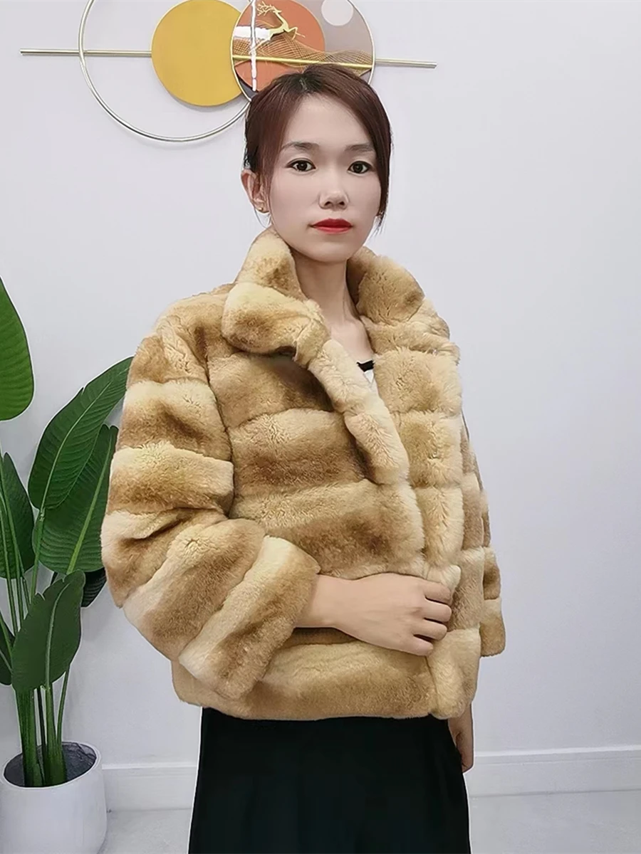 

Curry Fashion Sexy Fur Dragon Cat Stripe really Rex Rabbit Women Fur Coat Short jacket 2023 Winter Warmth