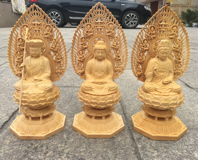 A SET 3P large HOME Company safety Efficacious Guanyin ksitigarbha Dizang Sakyamuni buddha wood carving statue