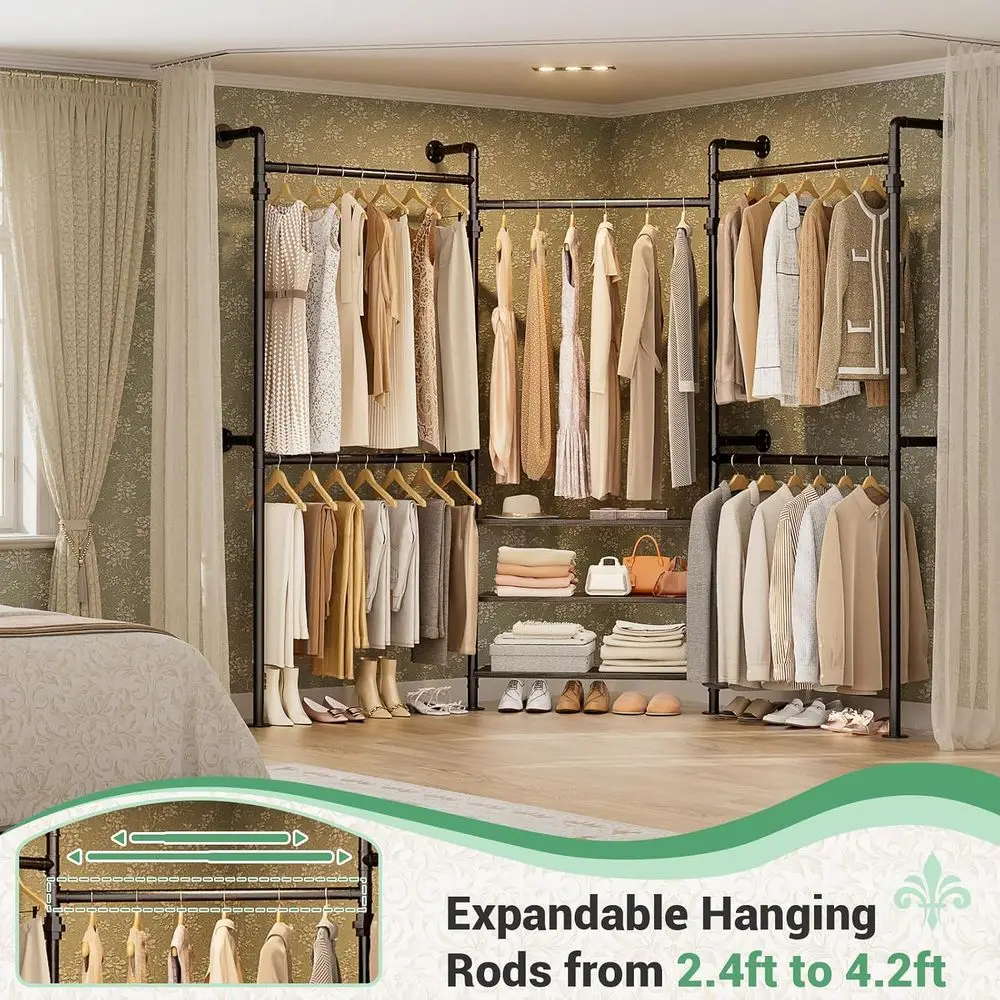 Expandable Industrial Pipe Clothing Rack, 7.3-10.9t Wall Mounted Closet System, Reversible L Shaped Clothes Rack or Hanging Clot