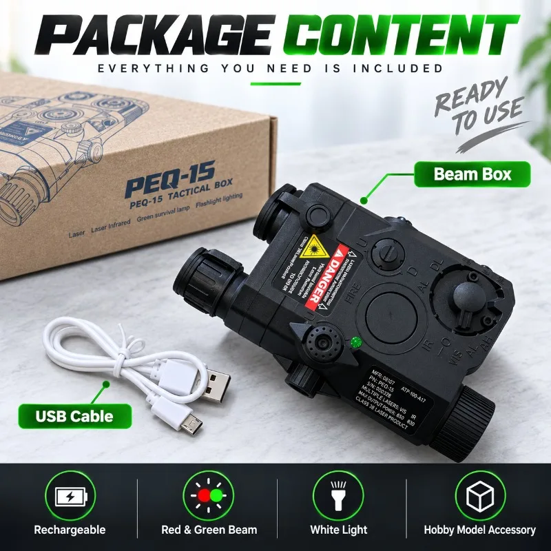 Nylon PEQ-15 Multi-function Beam Box Built-in Lithium Battery with Red & Green Beam and Flashlight