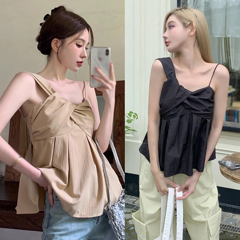 Summer Solid Colour Fashion Temperament Women\'s Pure Desire Irregular Off Shoulder Sleeveless Camisole Top Shirt