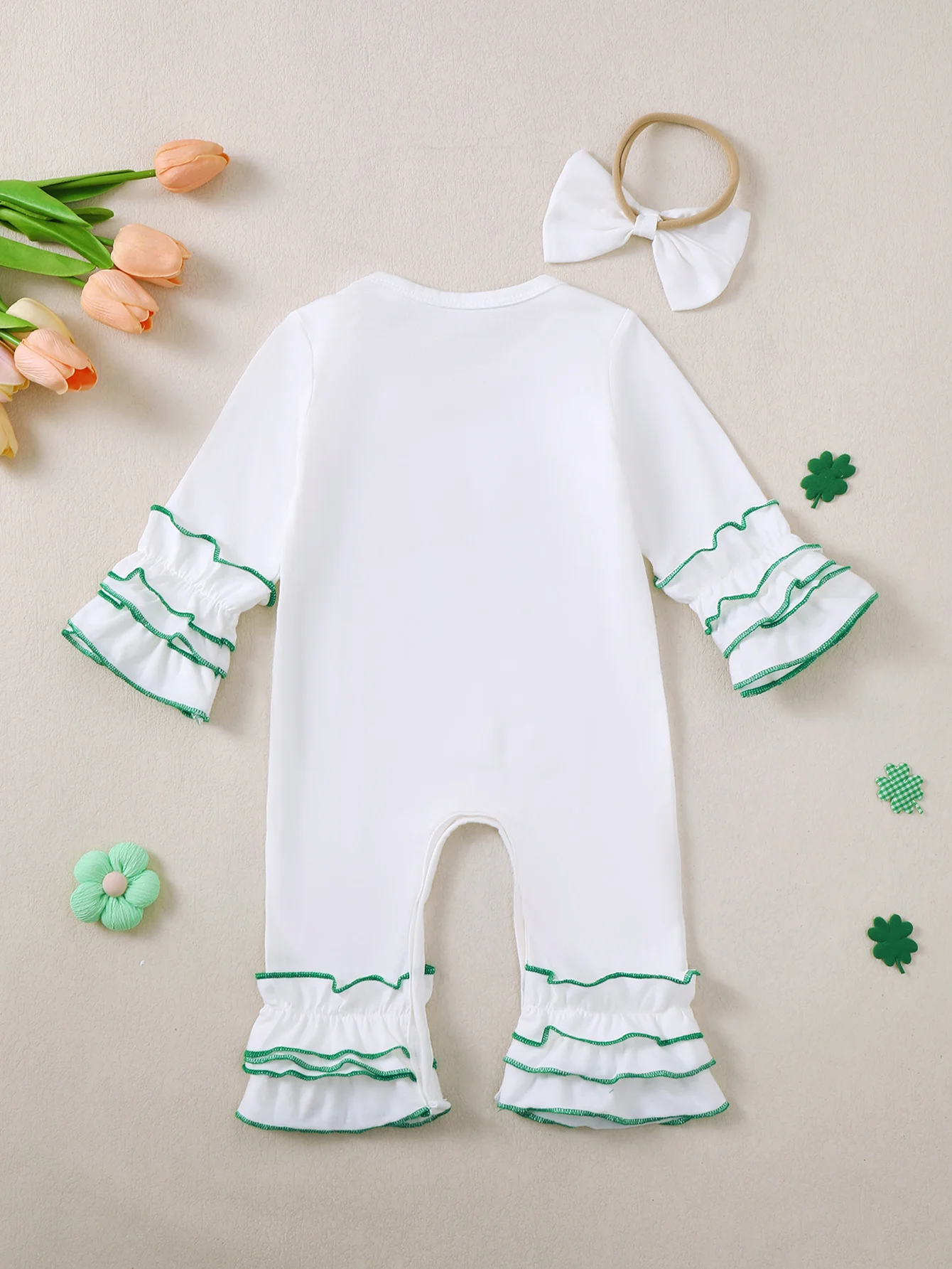 Baby Girl's Long Sleeve Romper with Embroidered Saint Patrick's Day Letters + Bow Knot Headband