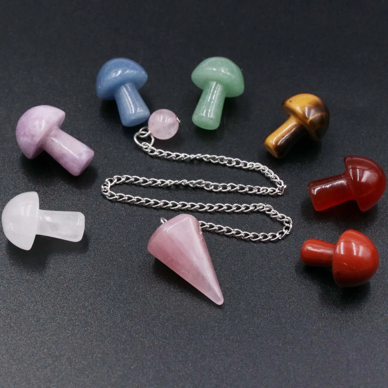Healing Reiki 7chakala Mushroom Natural Crystal Yoga Colorful Pink Crystal Agate Original Stone Pendulum Set Decoration Gift