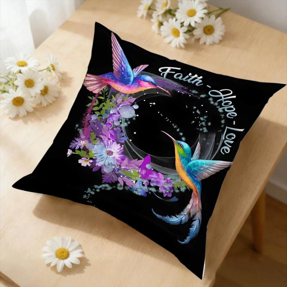 1Pc Modern Cushion Cover Black Hummingbird Floral Faith Hope Love Pillowcase For Sofa Bedroom Decorative Throw Case Home Gift
