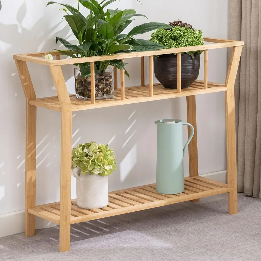 Bamboo Shelf Table 2 Tiers Tall Window-sill Plant Pot Organizer Holder Sofa Side Table for Indoor Living Room Entryway 37.4