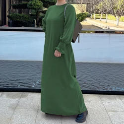 Ramadan Solid Crew Neck Shirred Cuff Abaya, Elegant Long Sleeve Simple Maxi Dress, Women's Clothing Kebaya Kaftan