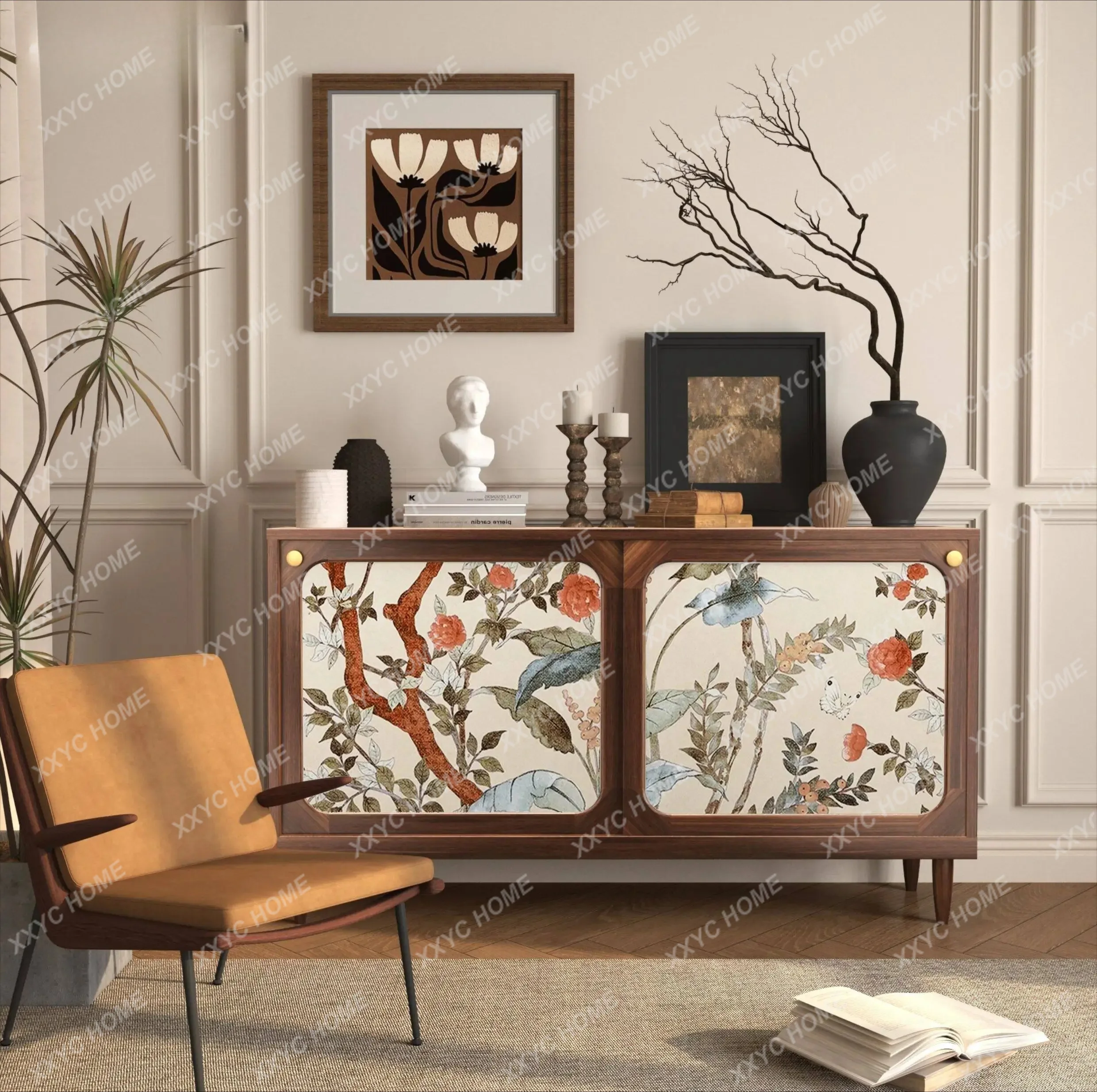 retro entrance cabinet living room light luxury bedside cabinet storage side cabinet solid wood sliding door