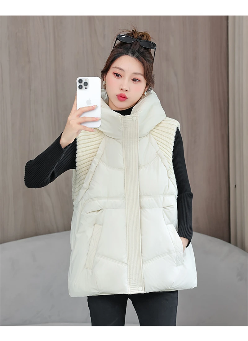 A-word Vest Down Cotton Padded Jackets Short Waistcoat Mid-Length Slim Hooded Autumn Winter Jackets Solid Women's Coats Trend