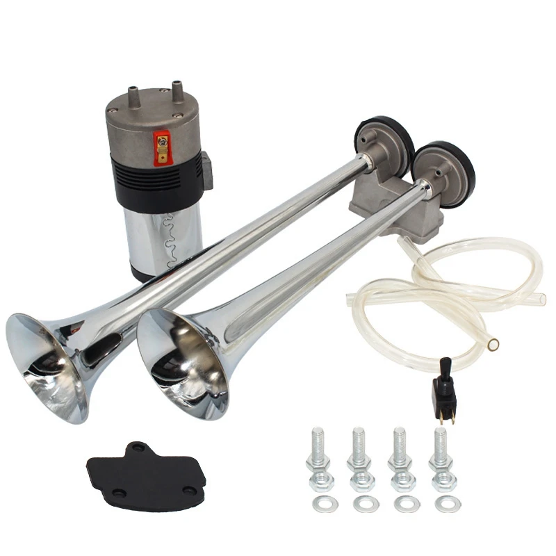 12V/24V Double Air Horn Kit, 15 Inches Trumpet Train Air Horn With Compressor For Car Vehicle Truck Train Boat, Silver