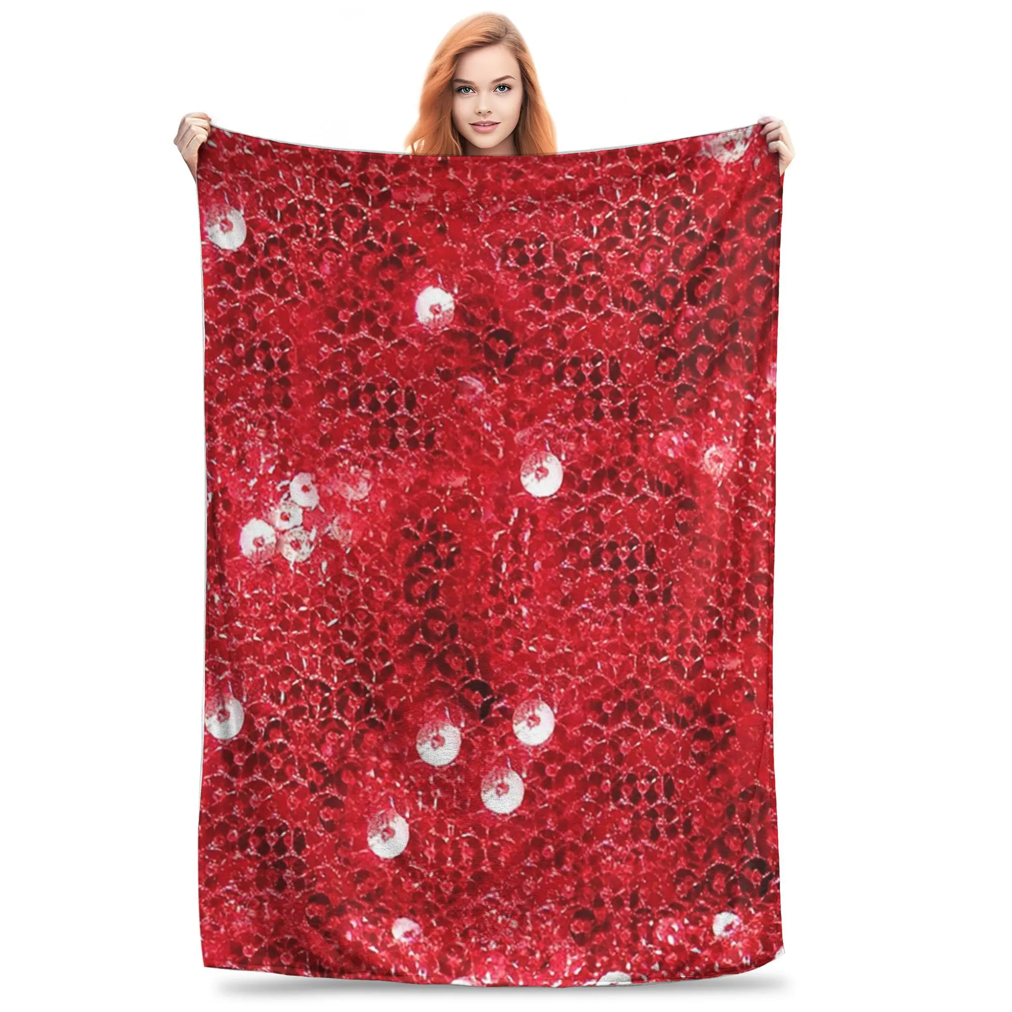Festive Red (Sequins ) Blankets Soft Warm Flannel Throw Blanket Bedding for Bed Living room Picnic Travel Home Couch