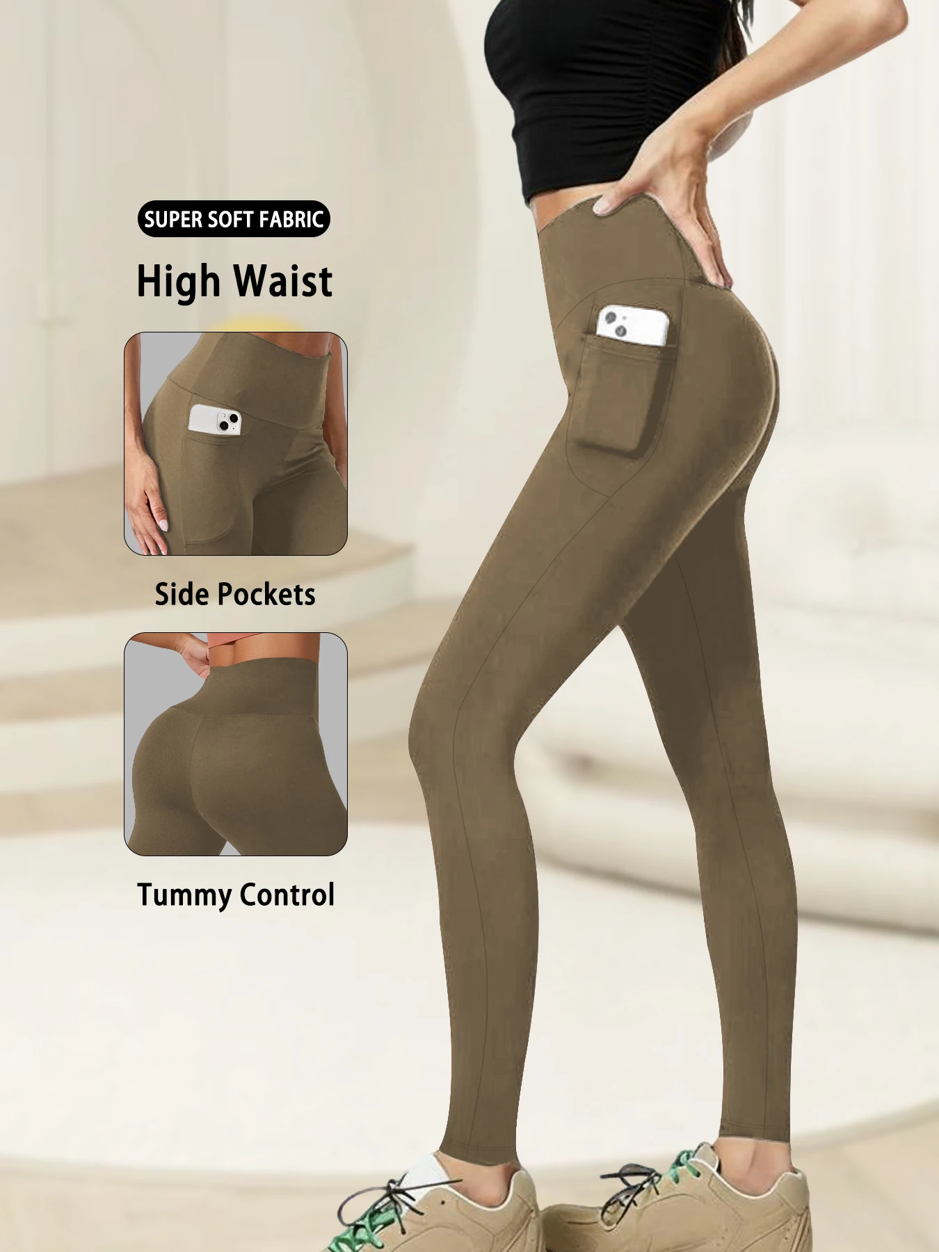 

Super Soft Sports Leggings With Pockets For Women, High Waisted Tummy Control Workout Yoga Running Tight Pants.