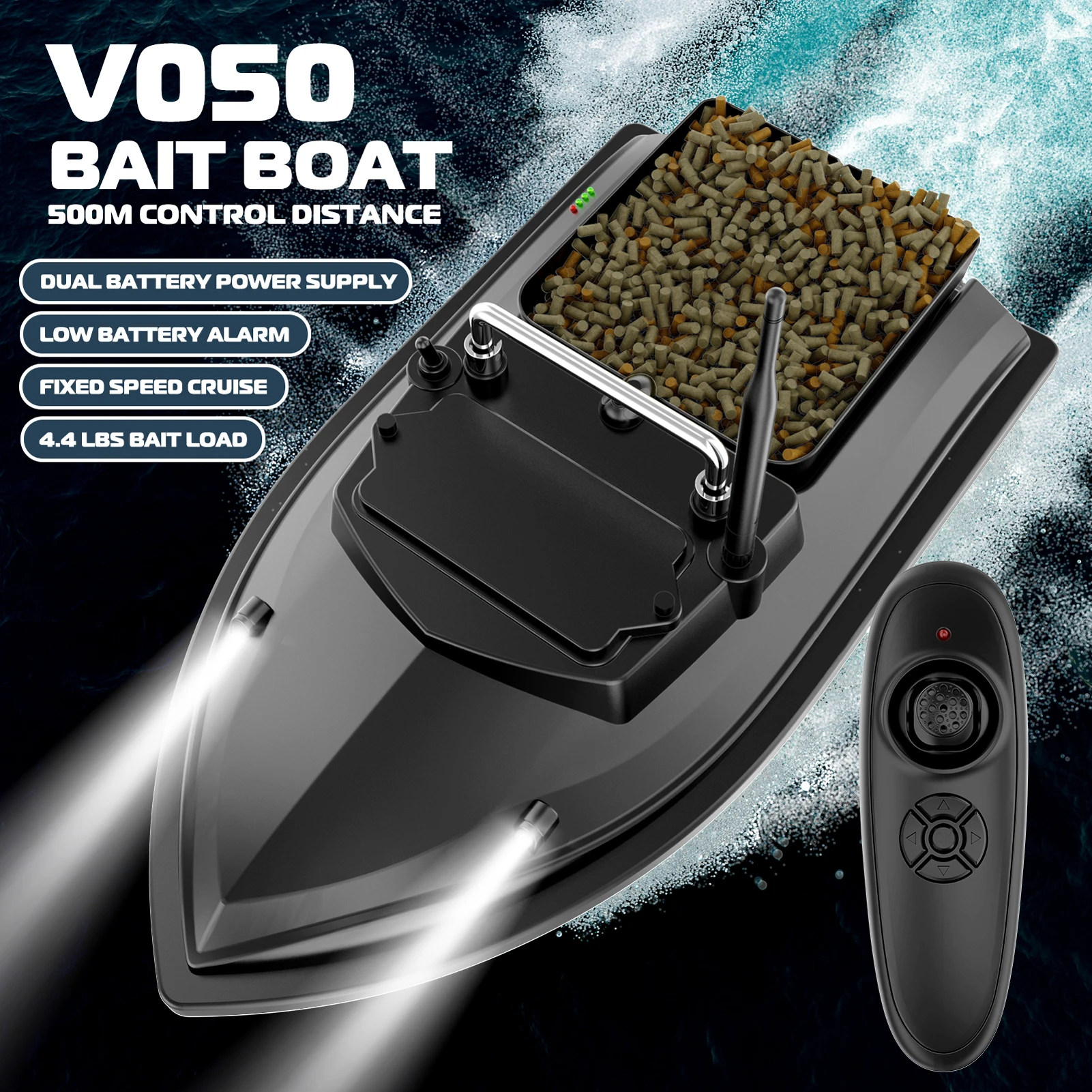 V050 Fishing Bait Boat 500m Remote Control Bait Boat Dual Motor Fish Finder 2KG Loading with Night Light Turn Signal for Fishing 