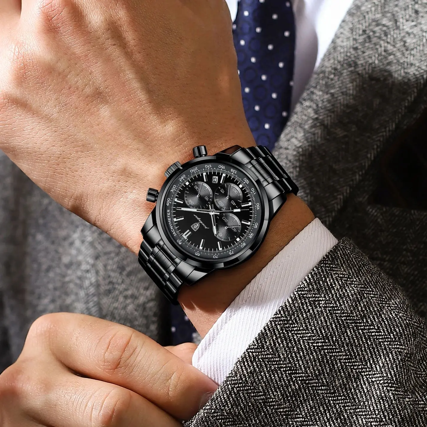 포에다가 탑 기능성 남성용 시계 방수 야광 크로노그래프 날짜 남성용 손목시계 스테인리스 스틸 스포츠 남성용 쿼츠 시계