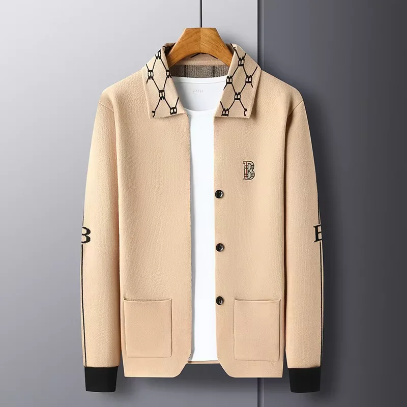 High end brand long sleeved men\'s lapel knitted cardigan autumn winter fashion B letter embroidery design casual  sweater  coat