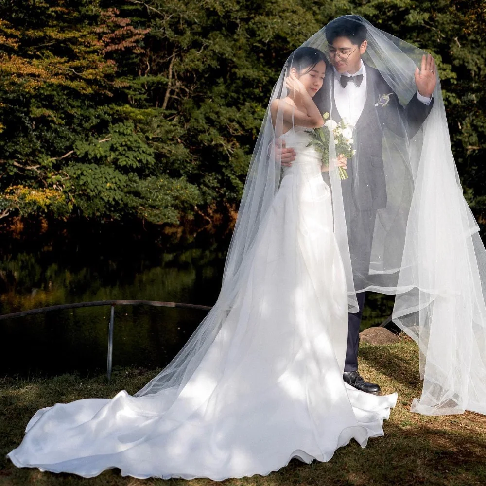 Personalizado Corea exquisito A-line fiesta de boda espalda abierta tul Organza gasa hasta el suelo cepillo de barrido personalizado