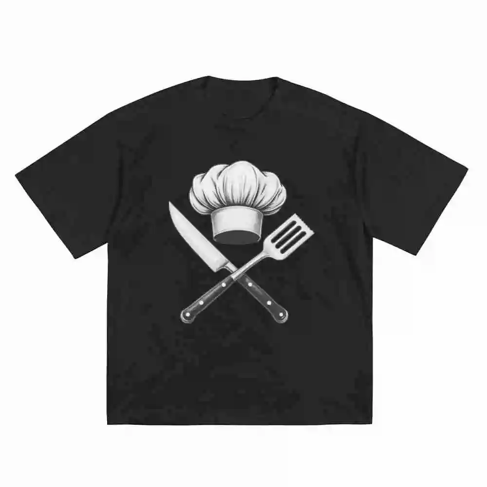 Professional Chef Hat Kitchen Utensils Knife Spoon Fork Whisk Print Short Sleeve Tee 100% Cotton T-Shirt