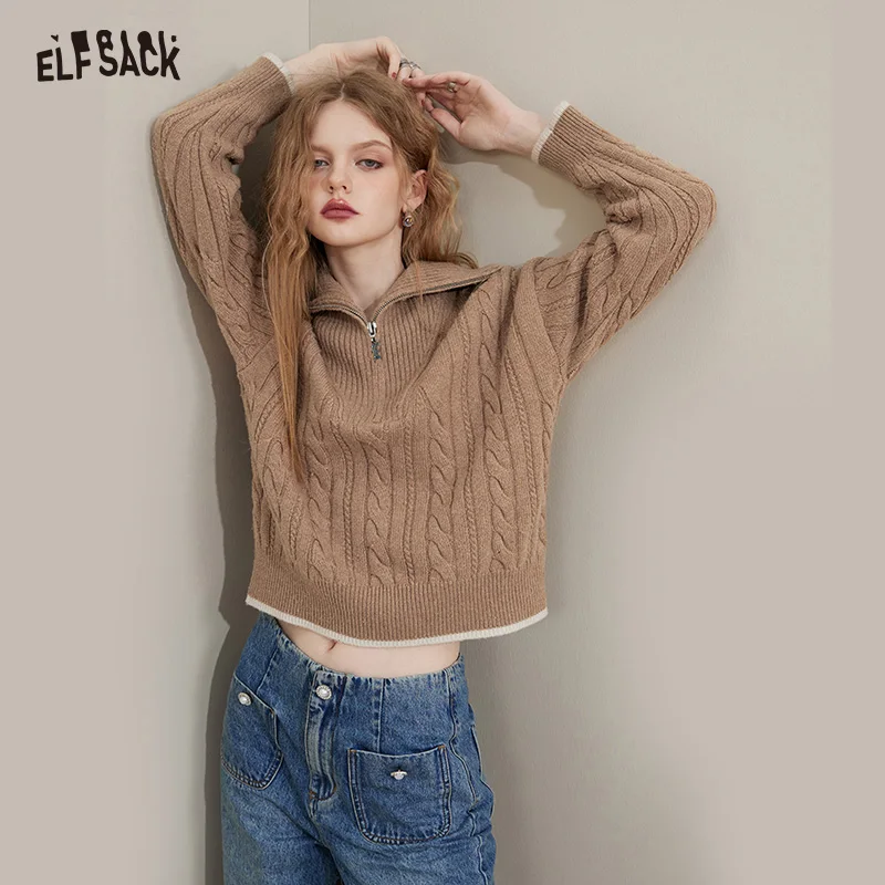 ELFSACK Turn-down Collar Pullover Sweaters Women 2022 Winter Loose Long Sleeve Knitwears