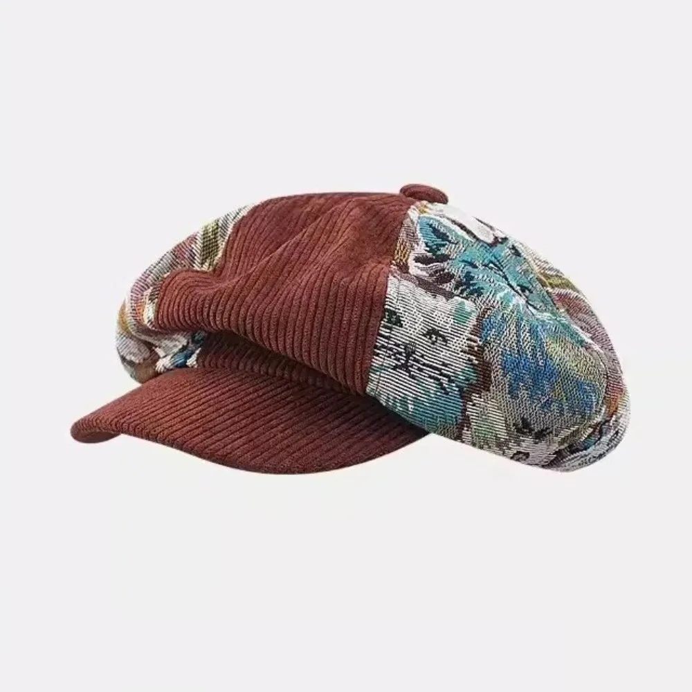 Casual Corduroy Retro Beret Puppy Patchwork Jacquard Newsboy Cap Short-Brimmed Octagonal Cap