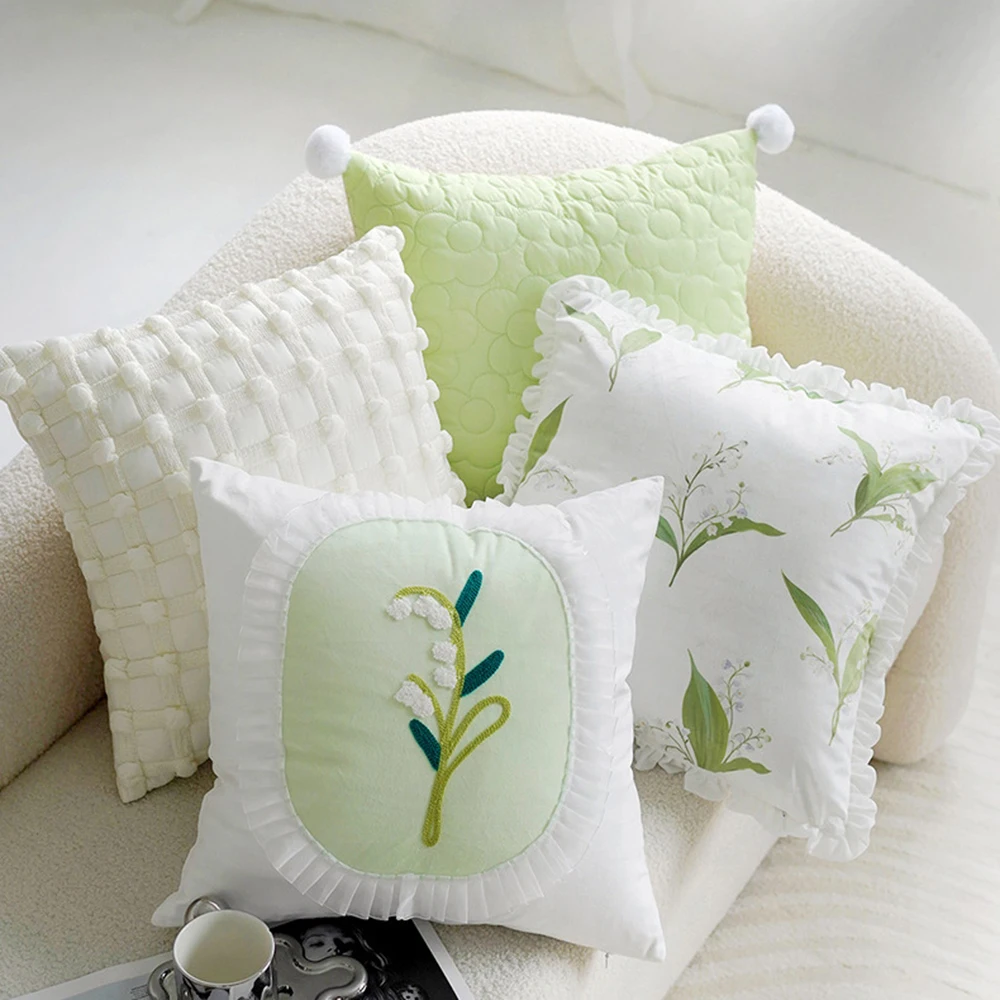 French Cute Pillow Cover Green Wind Chimes Pillowcase Flower Bay Window Cushion Covers Bed Green Decorative Pillows for Sofa