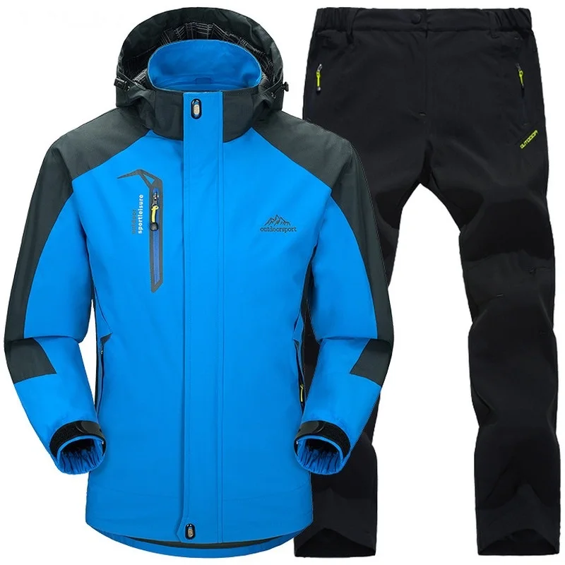Outdoor Jacket Pants Sets Men Fleece Thermal Waterproof Windproof Hooded Jackets Hiking Military Trip Mountain Camping Clothes