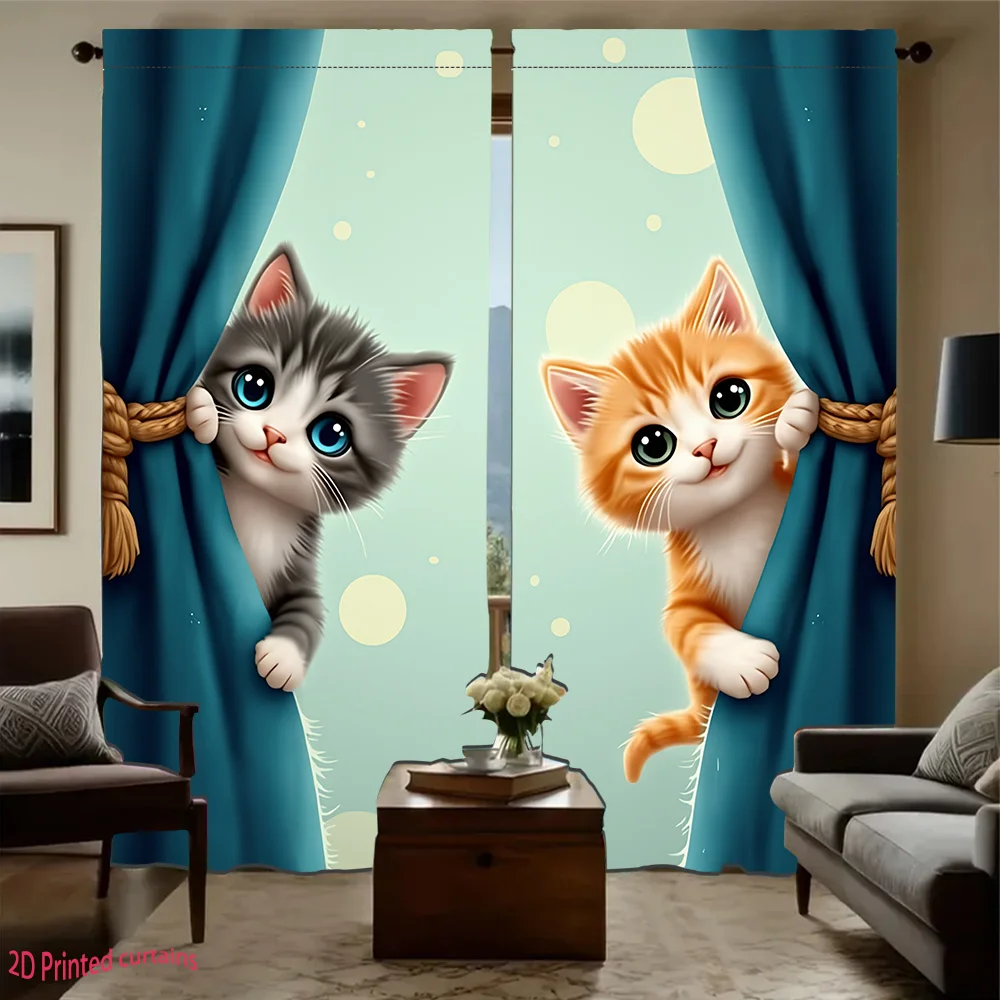 Cute Peeking Kitten Rod Pocket Curtain Tabby Orange Cat Bubble Background Cartoon Print Lovely Decor Living Bedroom Home Window