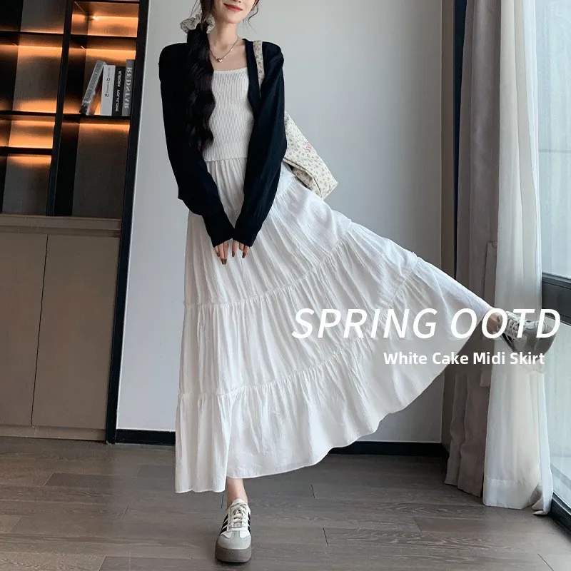 White High Waist A-Line  Skirt Women's Slightly Elastic Skirts Spring Autumn Polyester Fiber Cake Skirt Pleated