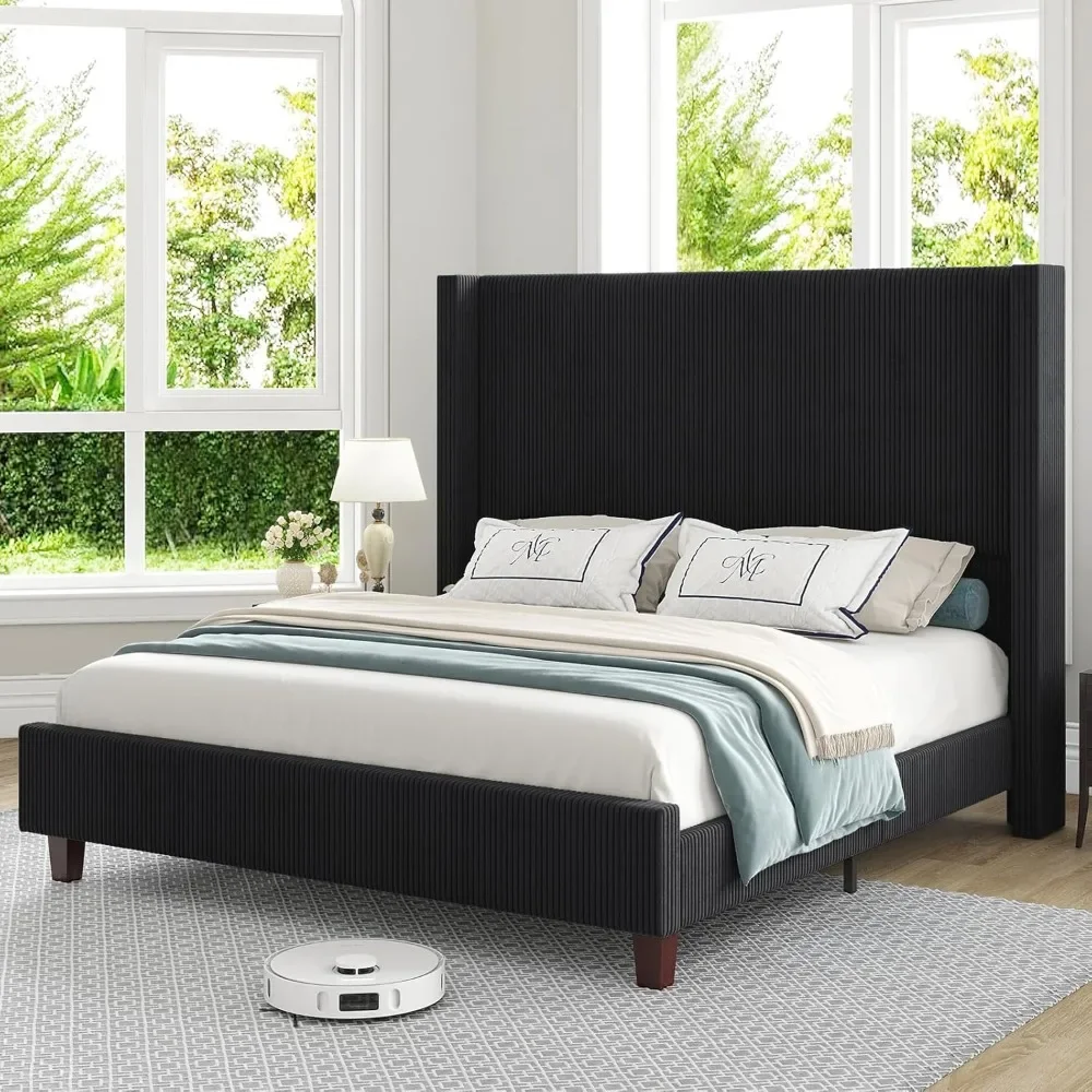 Queen Size 61" Corduroy Upholstered Bed Frame, Platform Bed with Vertical Stripe Wingback Headboard, No Box Spring Needed