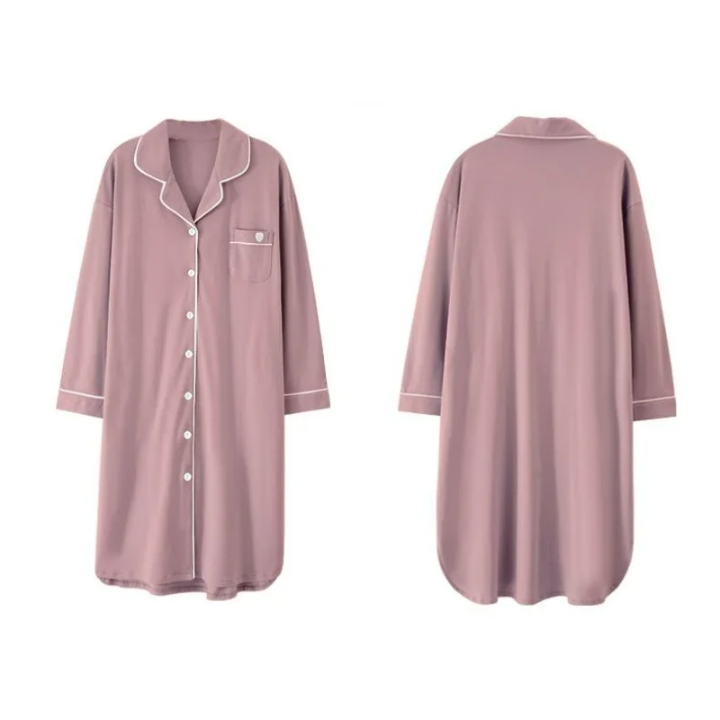 Large Size Nightdress Spring Autumn Women Long Sleeve Casual Pure Color Comfort Sleepwear Female Loose Mid-Length Cardigan Shirt