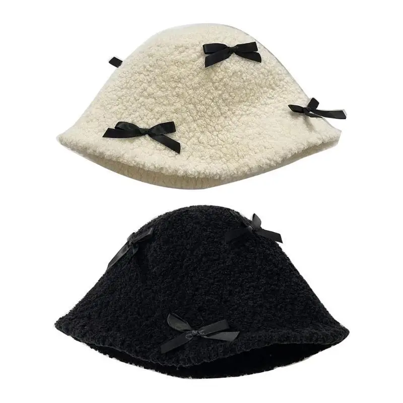 

652F Winter Teenagers Beanie Hat Lovely Bowknot Bucket Hat Ear Protector Hat Adult Winter Shopping Taking Photo Supplies