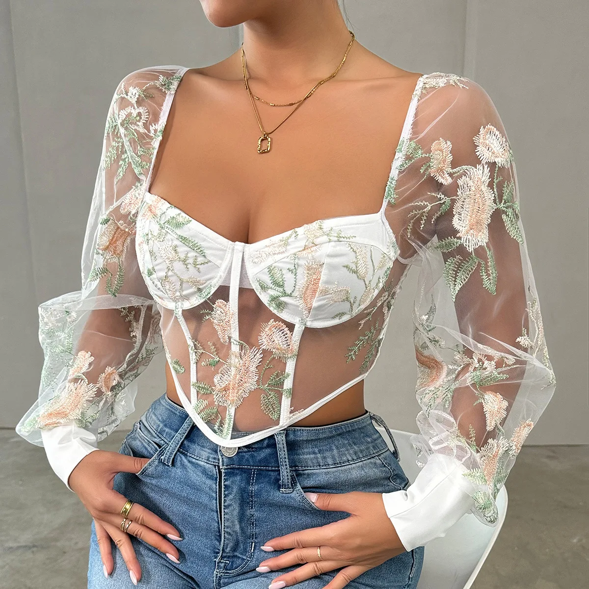 

Women Y2K Corset Tops Sexy Puffy Long Sleeve V-neck T-shirt Stretch Mesh Off-shoulder Fishbone Backless Bustier Crop Tops