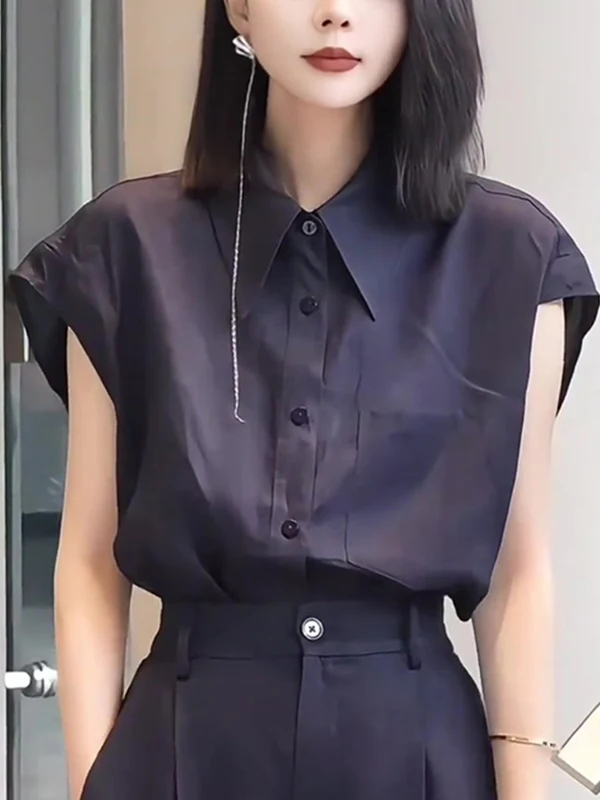 

Gtuq Sli Deep Blue Single-Button ort-Sve irt Women's Summer Casual Commute Faion Loose Fit Korean Sle irt