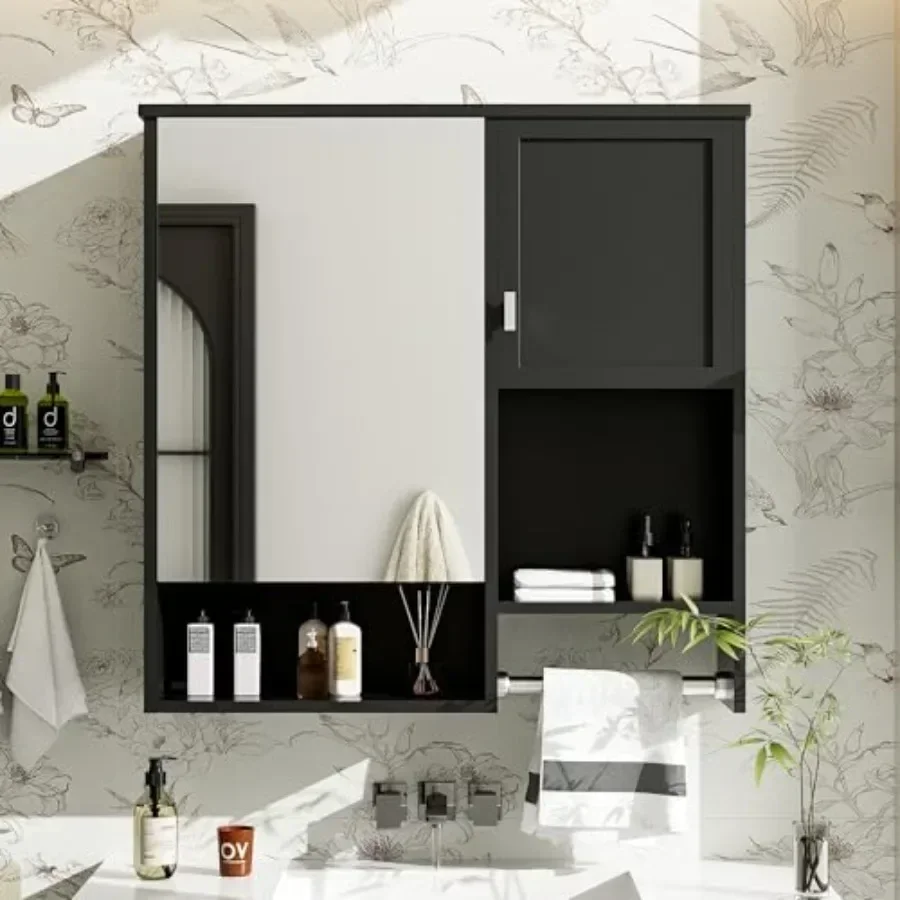 30 Bathroom Medicine Cabinet with Mirror Towel Bar: Wall-Mounted Stainless Steel, Matte Black Finish, Soft-Close Doors, LED Lig