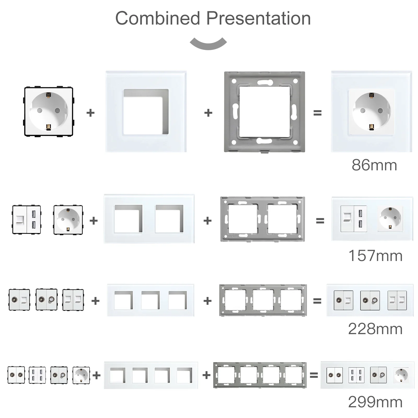 BSEED White Glass Panel With Internet Socket TV ST CAT5 RJ45 Function Parts Double USB Socket EU Wall Plug DIY Free Combination