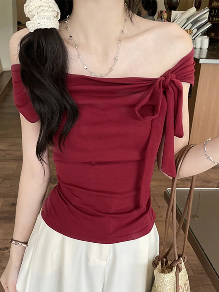 Sweet Spicy Tie-Dye oulder Bared ort Sve T-irt Women's Summer Retro Hong Kong Sle Breathable Cool Feeling Base irt