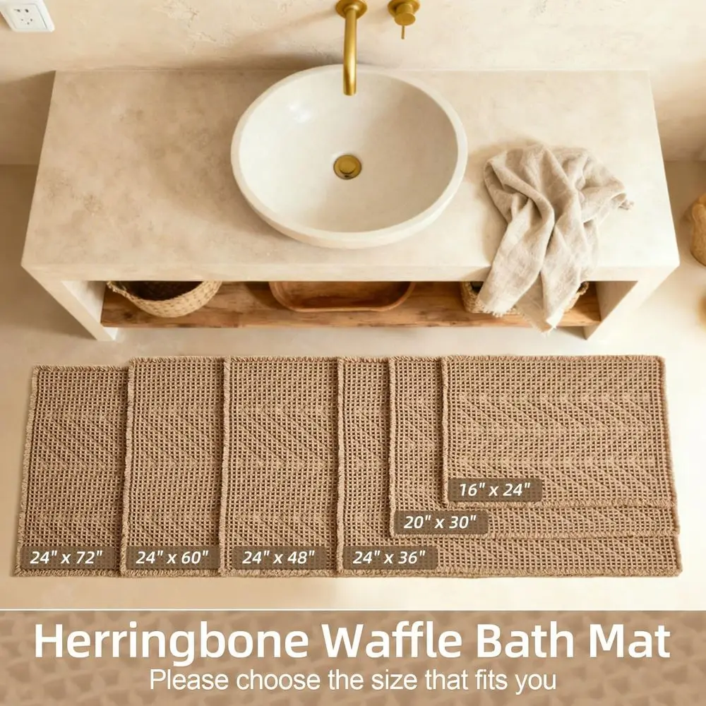 Bathroom Rug Herringbone Wale Bath Mat Non-Slip Washable Super Absorbent Quick Dry, Bath Mat or Bathroom Floor Decor 20*30 Khaki